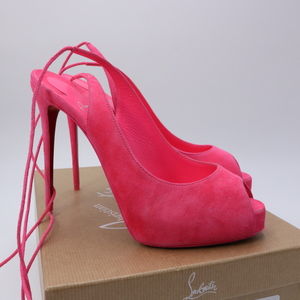 Christian Louboutin 38 Lace Up NVP 120mm Poupidou Pink Lace Up Peep Heels E699